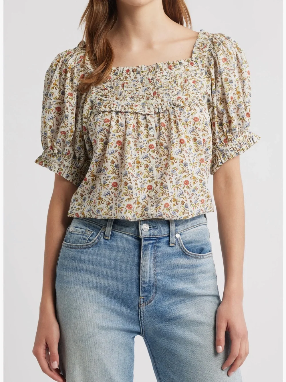 Doen Floral Smocked Square-Neck Women’s Top - Cream Floral